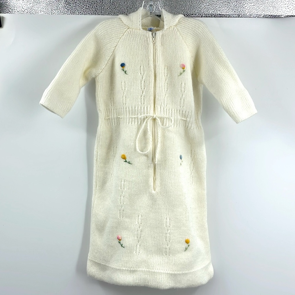 Vintage 70s Saks Fifth Avenue Cream Floral Embroidered Hooded Sleeper One Size